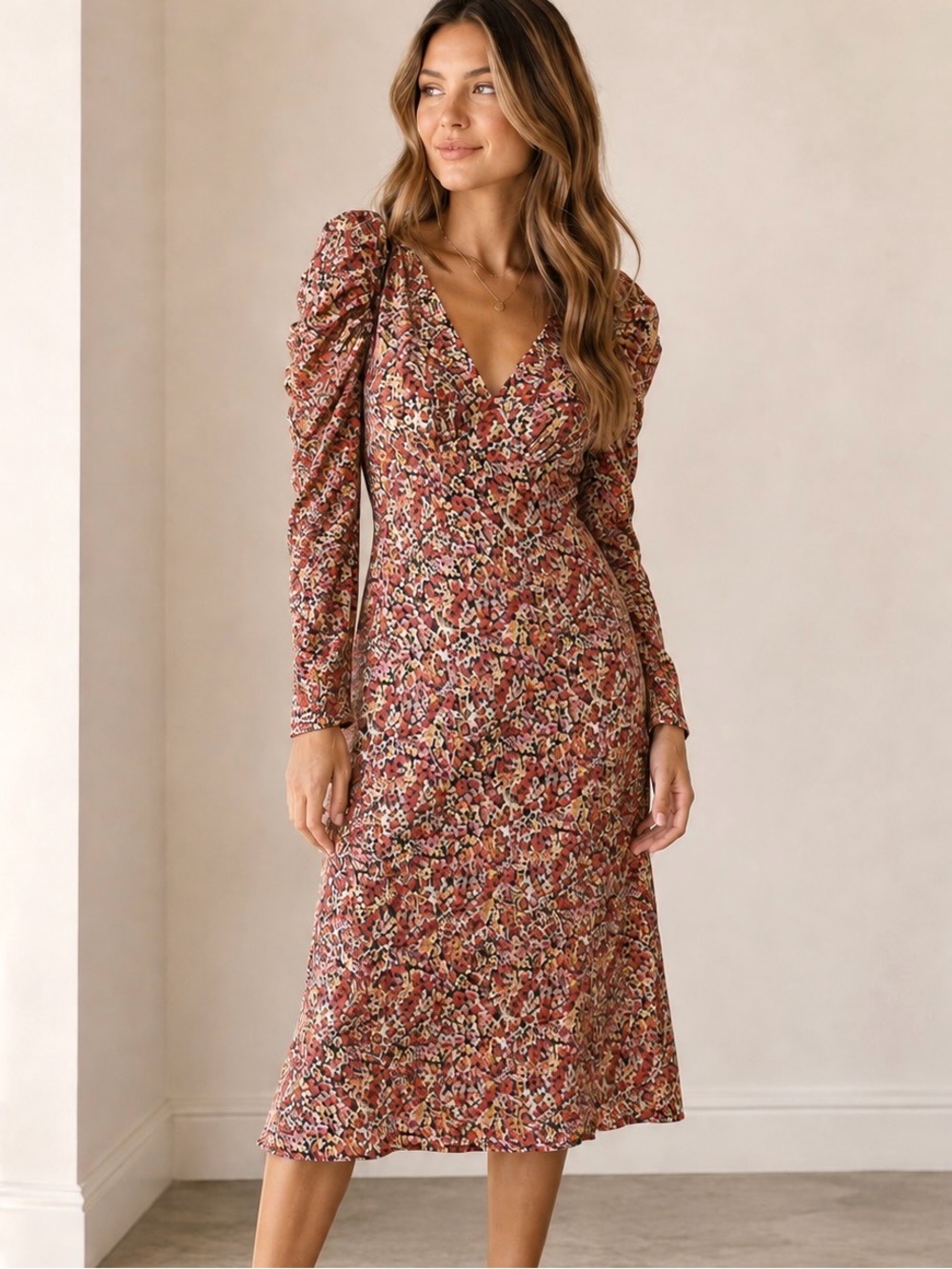 Revolve ASTR The Label RUCHED SLEEVE FLORAL MIDI Size S